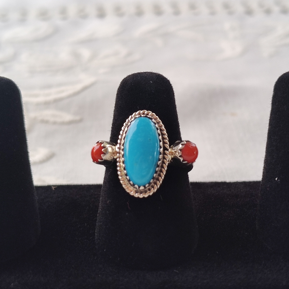 Silver coral and turquoise ring